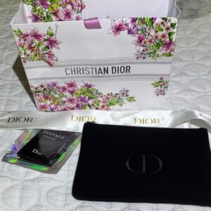 Dior Black Velvet Pouch with a Box and a Floral Accented Gift Bag and Ribbon